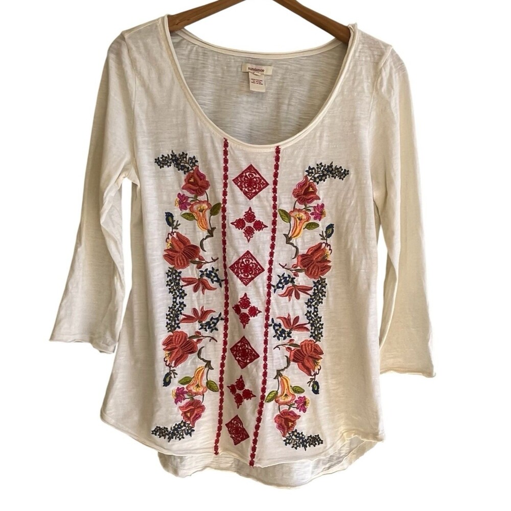 Sundance White Scoop Neck Long Sleeve Tee with Red & Pink Floral Embroidery